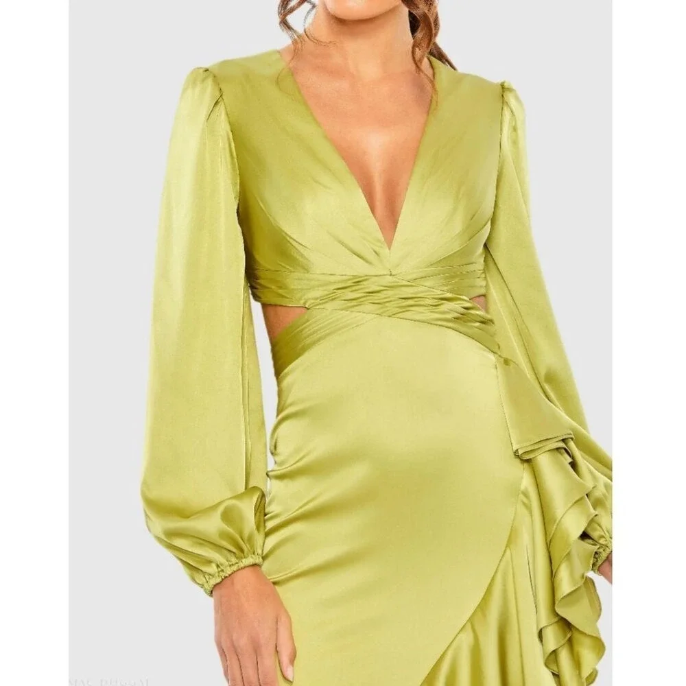 MAC DUGGAL Size 0 Pistachio Green Satin‎ Long Sleeve Maxi Ruffle Dress Gown NWT
